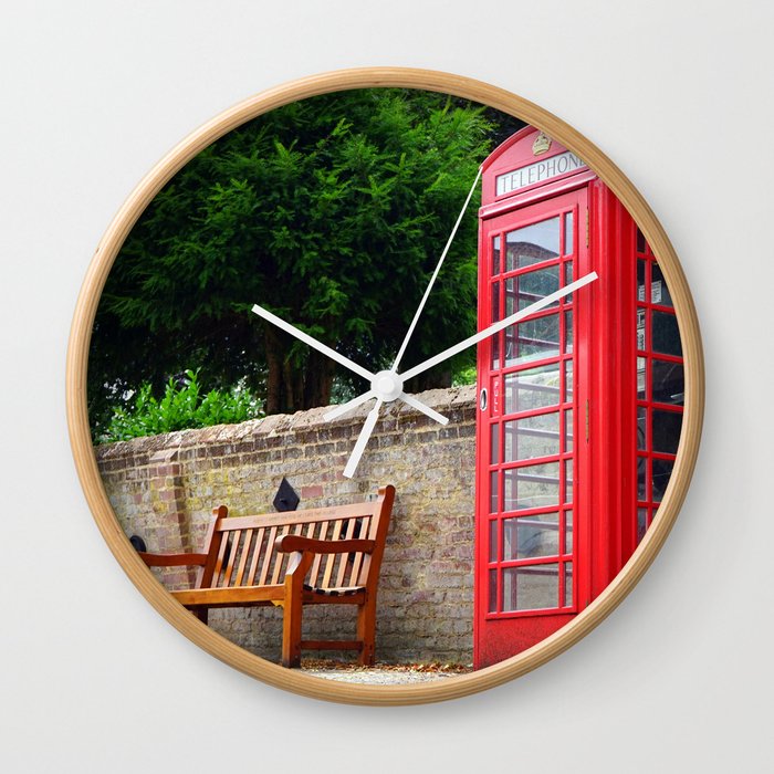 Great Britain Photography - Red Phone Booth By A Wooden Bench Wall Clock