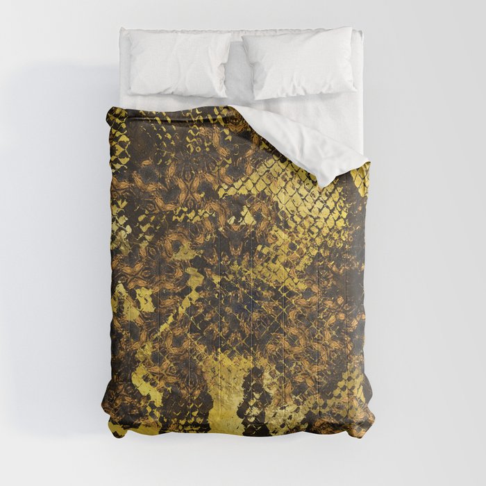 Faux gold snake skin texture on dark marble Comforter