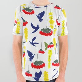 Flowers and Birds Repeated Pattern All Over Graphic Tee