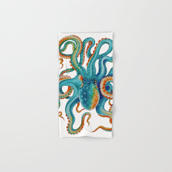 Octopus Teal Watercolor Ink Hand & Bath Towel