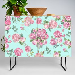 Modern Hand Painted Mint Green Pink Watercolor Roses Credenza