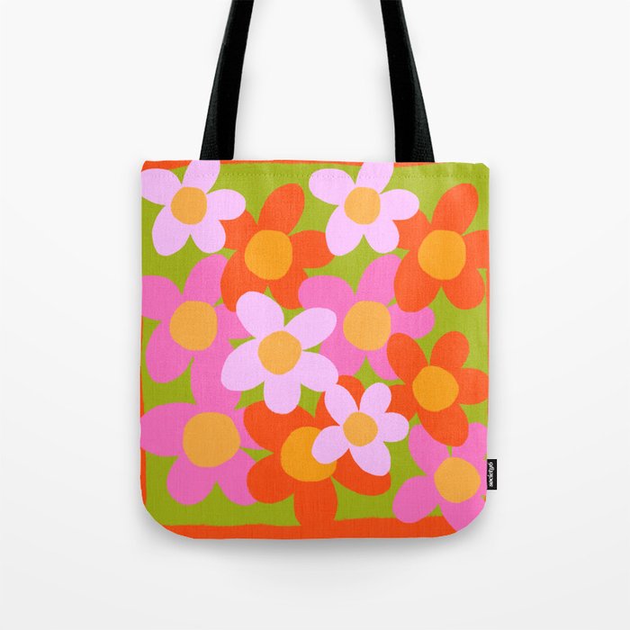 Cheerful Spring Flowers 70’s Retro Green on Red Tote Bag