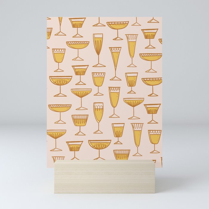 Retro Midcentury-Inspired Champagne Glasses on Blush Pink Mini Art Print