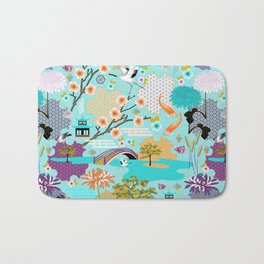 Japanese Garden Bath Mat | Pattern, Koi, Japan, Painting, Pond, Japanese, Landscape, Flower, Bridge, Digital 