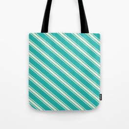 [ Thumbnail: Light Sea Green & Beige Colored Lined/Striped Pattern Tote Bag ]