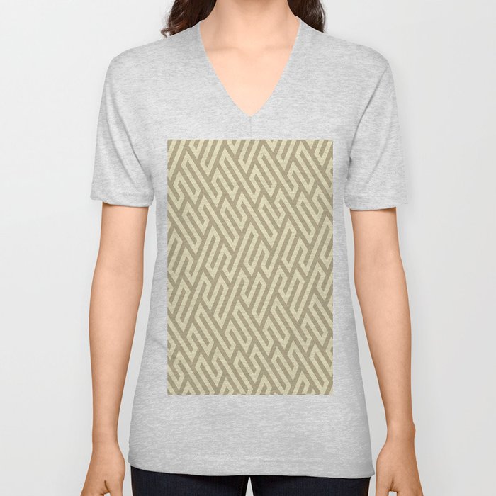 Mid Century Cream Yellow Retro Geometric Abstract Pattern V Neck T Shirt