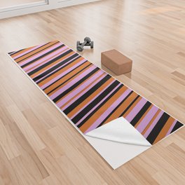 [ Thumbnail: Plum, Chocolate, and Black Colored Lines/Stripes Pattern Yoga Towel ]