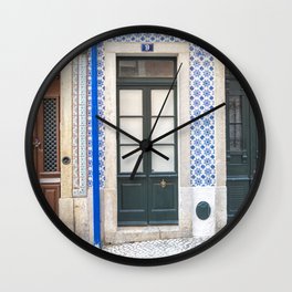 Three doors art print - Lisbon Alfama blue green azulejos - street and travel photography Wall Clock