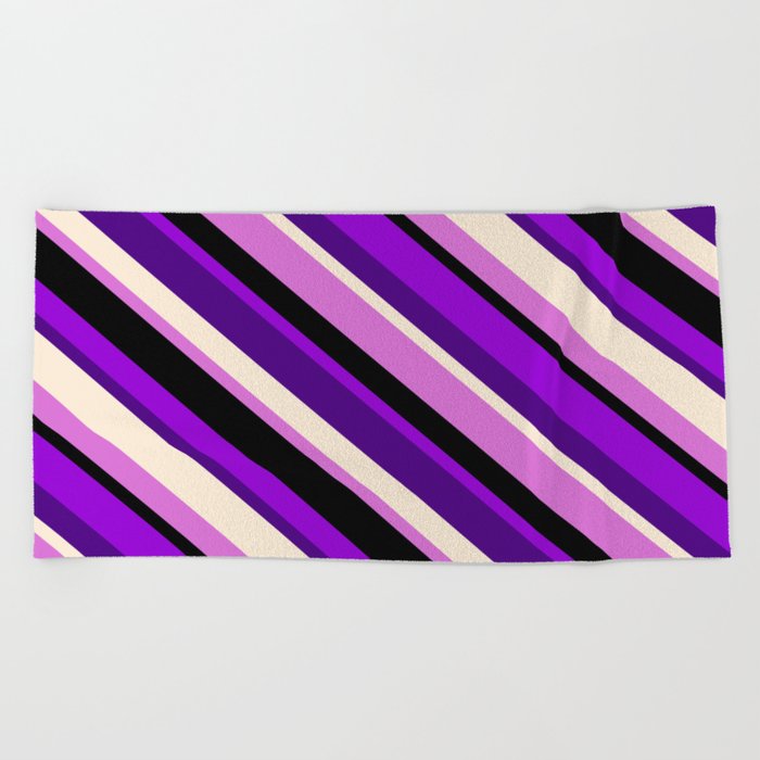 Dark Violet, Indigo, Beige, Orchid, and Black Colored Pattern of Stripes Beach Towel