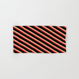 [ Thumbnail: Tan, Red & Black Colored Lined/Striped Pattern Hand & Bath Towel ]