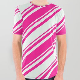 [ Thumbnail: Deep Pink and Mint Cream Colored Lines/Stripes Pattern All Over Graphic Tee ]