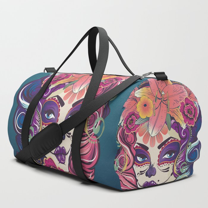 Sugar skull woman in flower crown portrait Duffle Bag by