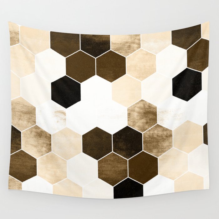 Honeycombs print, sepia colors hexagons with stone effect Wall Tapestry