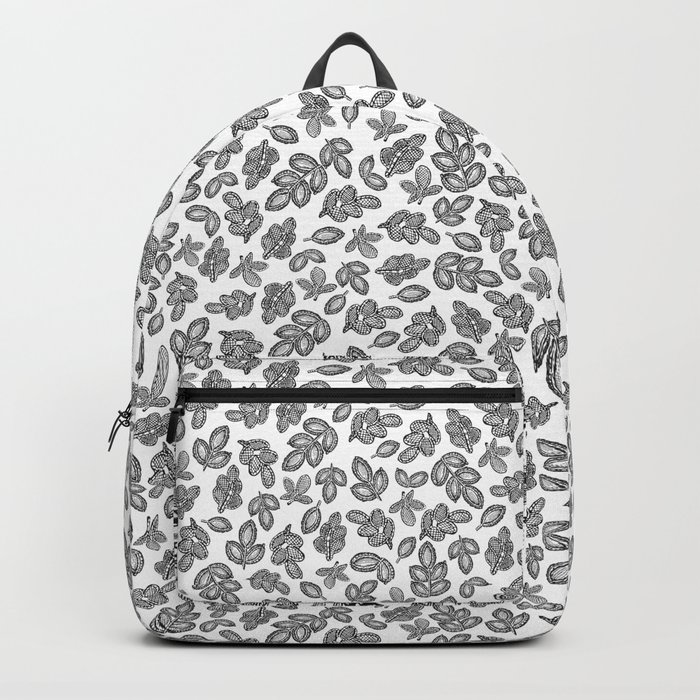 Small lace leaves black on white Backpack