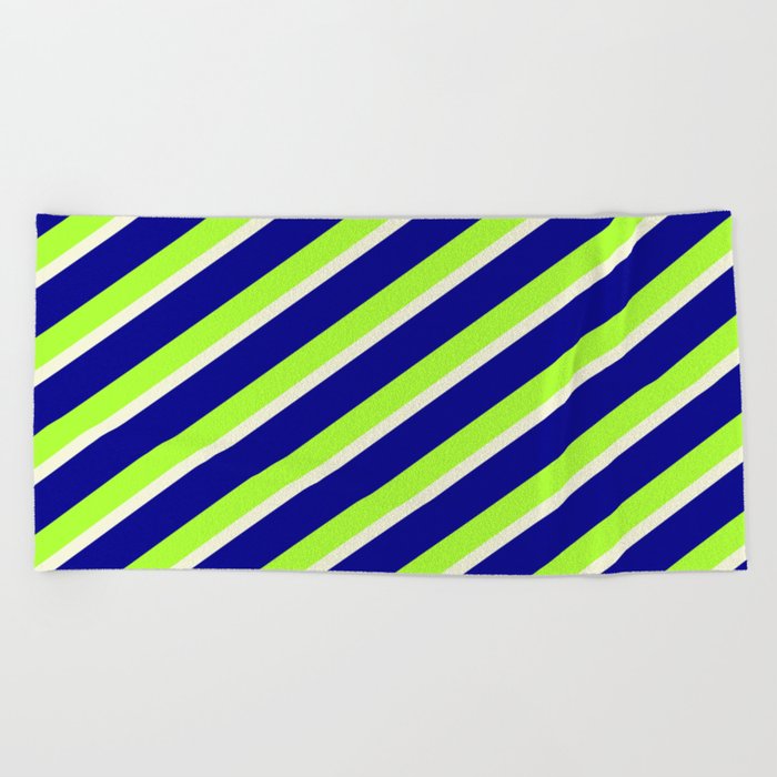 Dark Blue, Light Green, and Beige Colored Striped Pattern Beach Towel