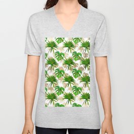 Tropical green gold watercolor palm tree monstera leaves  V Neck T Shirt