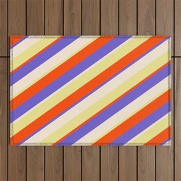 [ Thumbnail: Red, Slate Blue, Beige, and Tan Colored Lines/Stripes Pattern Outdoor Rug ]