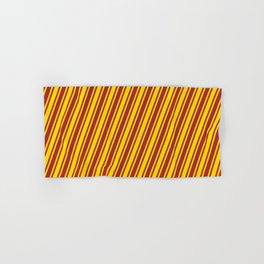 [ Thumbnail: Yellow & Brown Colored Striped/Lined Pattern Hand & Bath Towel ]