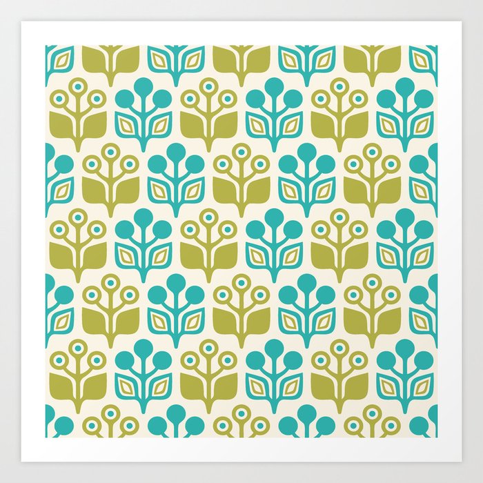 Mid Century Modern Floral Pattern 821 Mid Mod Turquoise Chartreuse Art Print