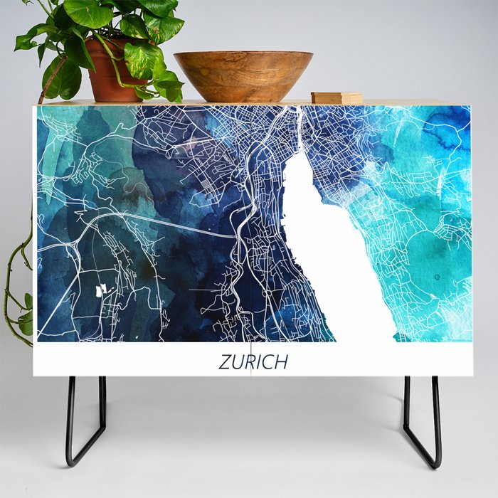 Zurich Map Navy Blue Turquoise Watercolor Zurich Switzerland City Map Credenza