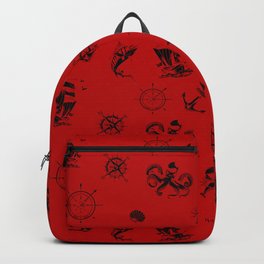 Red And Black Silhouettes Of Vintage Nautical Pattern Backpack