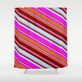 [ Thumbnail: Maroon, Powder Blue, Fuchsia, and Chocolate Colored Pattern of Stripes Shower Curtain ]