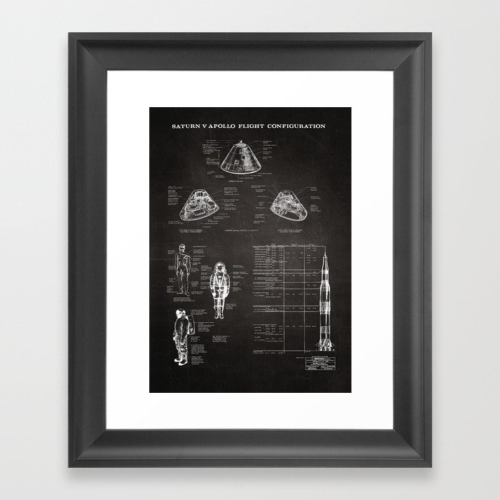 Apollo 11 Saturn V Command Module Blueprint in High Resolution (black) Framed Art Print