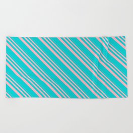 [ Thumbnail: Light Pink & Dark Turquoise Colored Striped Pattern Beach Towel ]
