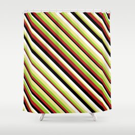 [ Thumbnail: Eye-catching Tan, Green, Red, Black & White Colored Striped/Lined Pattern Shower Curtain ]