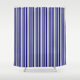[ Thumbnail: Blue & Grey Colored Stripes Pattern Shower Curtain ]