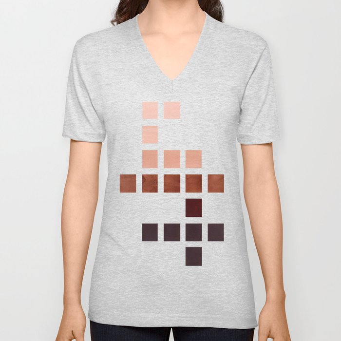 Colorful Raw Umber Mid Century Modern Minimalist Square Geometric Pattern V Neck T Shirt