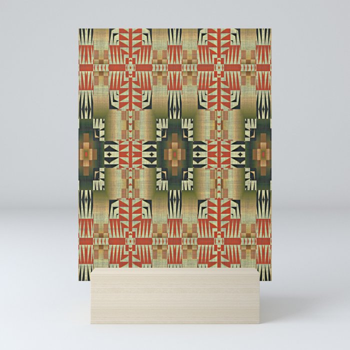 Orange Red Olive Green Native American Indian Mosaic Pattern Mini Art Print