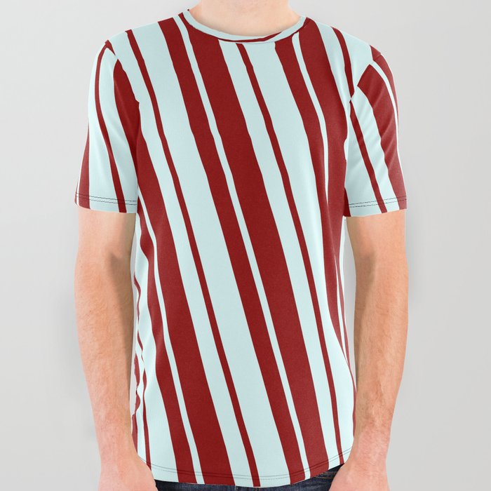 Dark Red and Light Cyan Colored Lines/Stripes Pattern All Over Graphic Tee
