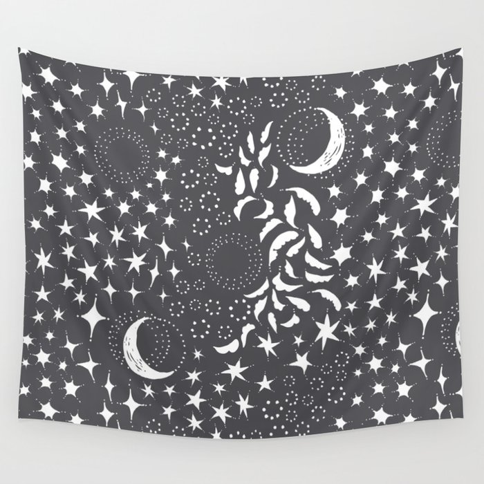 Moon Among the Stars - Dark Grey Celestial Wall Tapestry