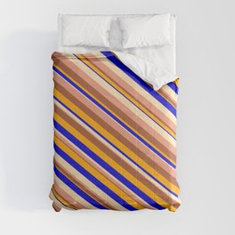 [ Thumbnail: Eyecatching Beige, Dark Salmon, Sienna, Orange, and Blue Colored Striped/Lined Pattern Comforter ]