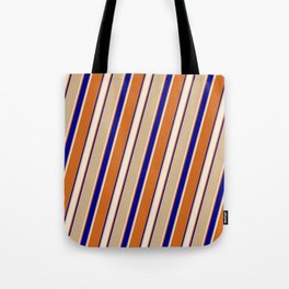 [ Thumbnail: Tan, Beige, Chocolate & Dark Blue Colored Lines Pattern Tote Bag ]
