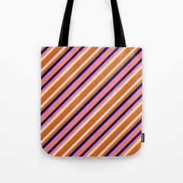 [ Thumbnail: Blue, Light Coral, Tan & Chocolate Colored Lined/Striped Pattern Tote Bag ]