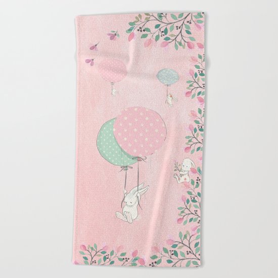 Cute flying Bunny with Balloon and Flower Rabbit Animal on pink floral backround Beach Towel
