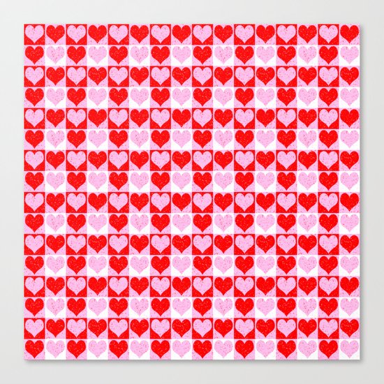 Love Heart Red Pink and White Check Pattern Canvas Print