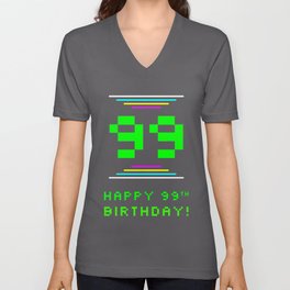 [ Thumbnail: 99th Birthday - Nerdy Geeky Pixelated 8-Bit Computing Graphics Inspired Look V Neck T Shirt V-Neck T-Shirt ]