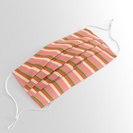 [ Thumbnail: Forest Green, Red, Beige, and Salmon Colored Lined/Striped Pattern Face Mask ]