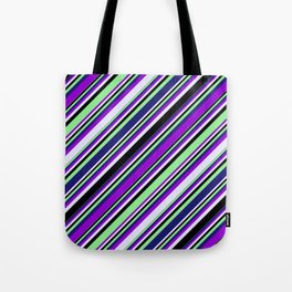 [ Thumbnail: Vibrant Dark Violet, Lavender, Black, Light Green & Midnight Blue Colored Lines Pattern Tote Bag ]