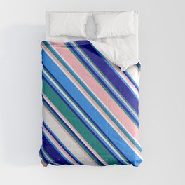 [ Thumbnail: Colorful Blue, Dark Blue, Teal, Light Pink, and White Colored Lines Pattern Comforter ]