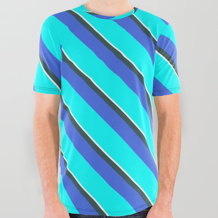 Mint Cream, Dark Slate Gray, Royal Blue, and Aqua Colored Lines Pattern All Over Graphic Tee
