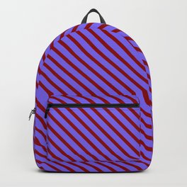 [ Thumbnail: Medium Slate Blue and Dark Red Colored Lines/Stripes Pattern Backpack ]