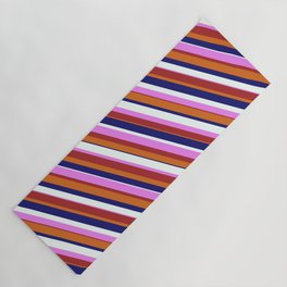 [ Thumbnail: Eyecatching Chocolate, Midnight Blue, Mint Cream, Violet & Brown Colored Lines Pattern Yoga Mat ]