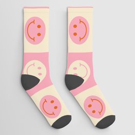 70s Retro Smiley Face Tile Pattern in Pink & Beige Socks