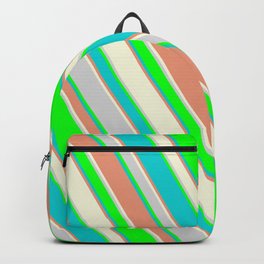 [ Thumbnail: Lime, Dark Turquoise, Dark Salmon, Beige, and Light Gray Colored Stripes/Lines Pattern Backpack ]