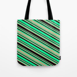 [ Thumbnail: Green, Tan, and Black Colored Striped/Lined Pattern Tote Bag ]