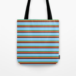 [ Thumbnail: Light Sky Blue, Forest Green, Red, Black, and White Colored Striped/Lined Pattern Tote Bag ]